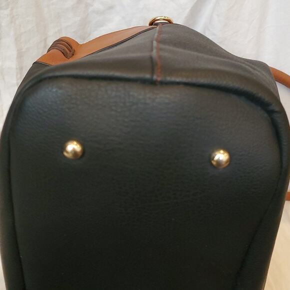 Black Rivet Purse Two Tone Black and Cognac Double Handle Bag w/Shoulder Strap - Picture 14 of 16